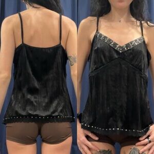 Whimsy Gothic Black Velvet Cami Tank with lace, sequin & rhinestone detailing